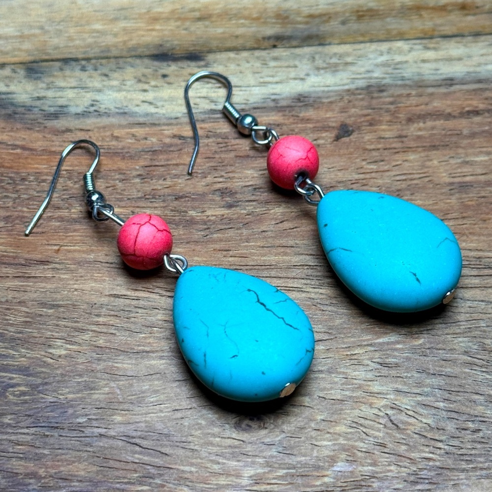 Turquoise and Pink Teardrop Earrings